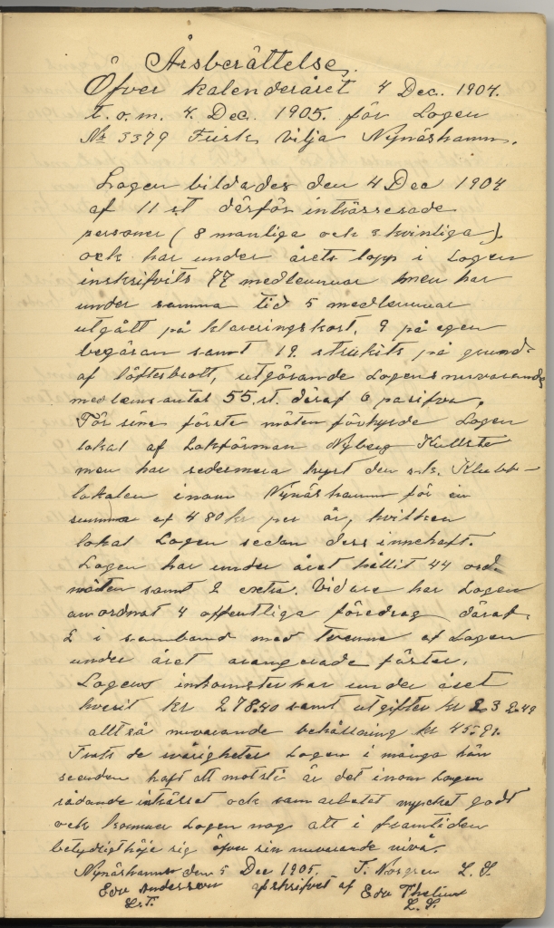 En sida ur gammal handskriven årsberättelse med snirklig handstil.