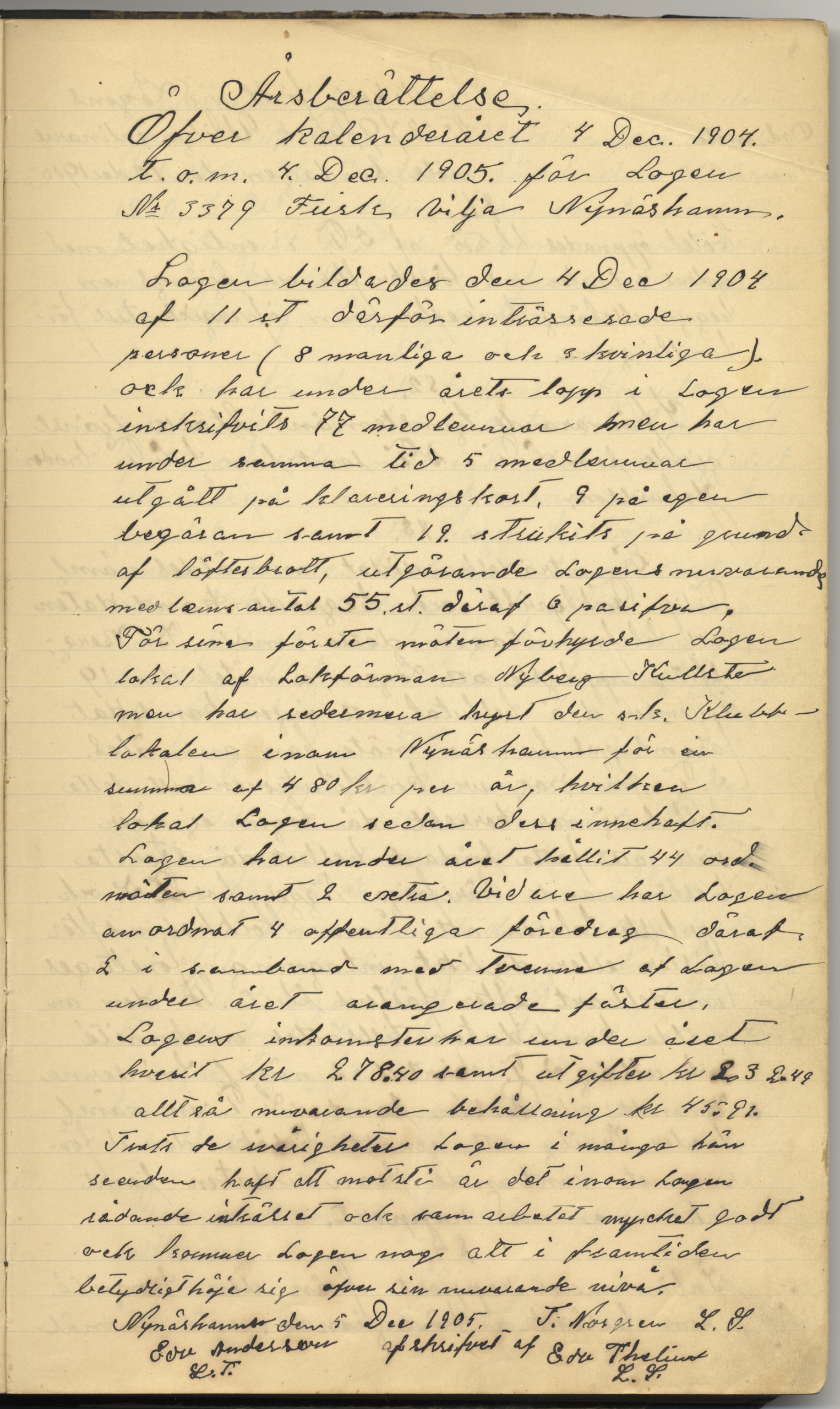 En sida ur gammal handskriven årsberättelse med snirklig handstil.