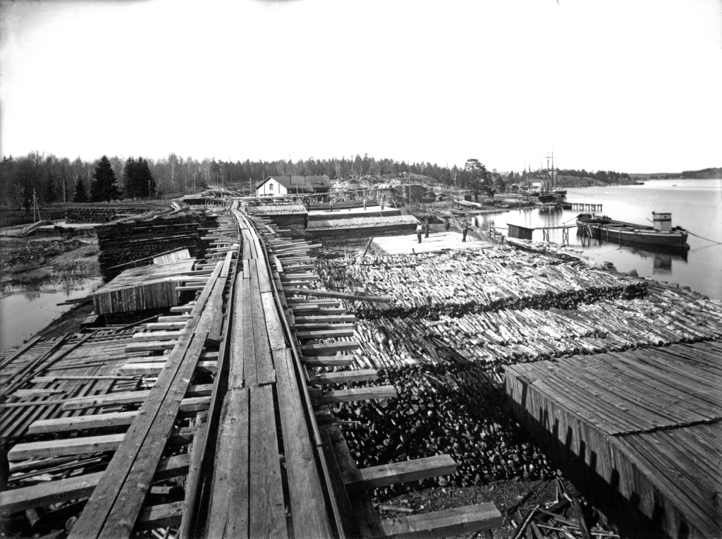 Svartvitt fotografi som visar vy med packade trädstammar i vattnet.