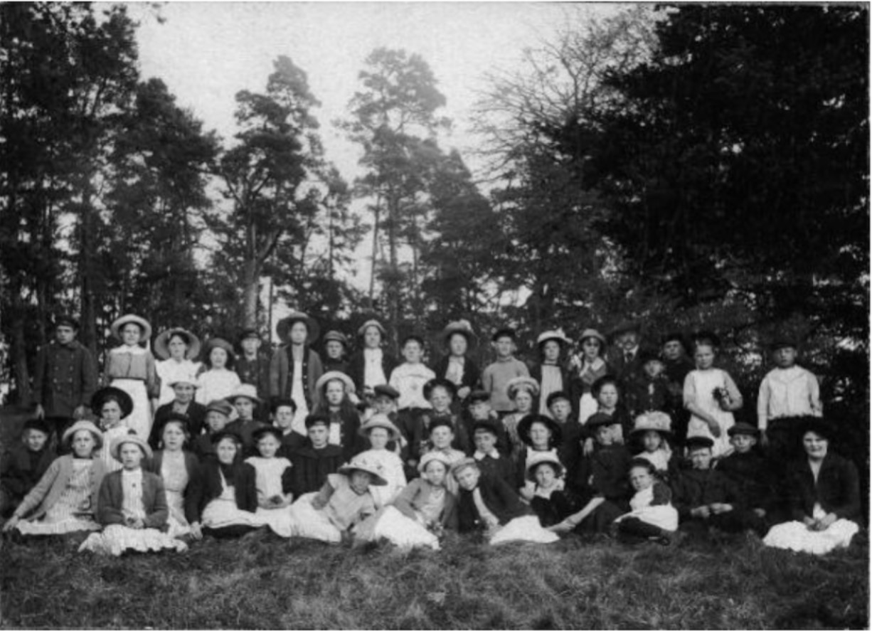 Ett femtiotal barn står och sitter på en gräsmatta med skog i bakgrunden.