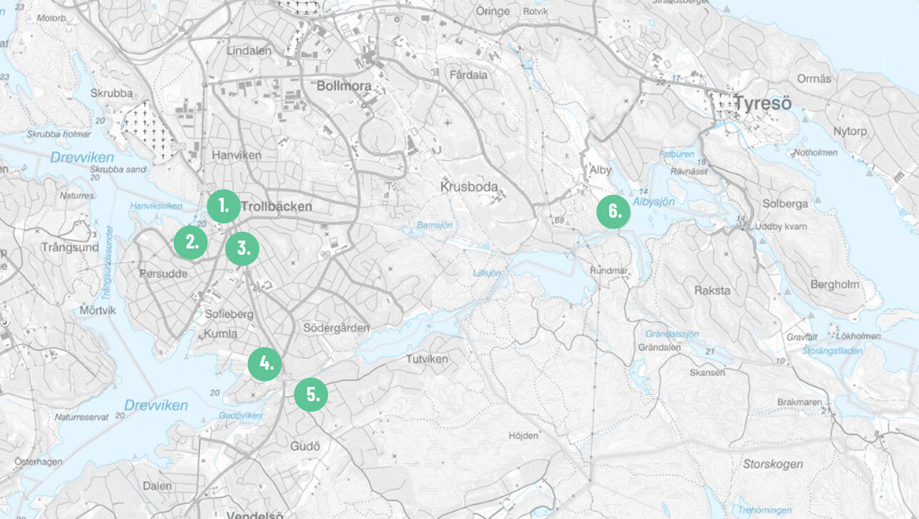 En karta över Tyresö med sex punkter inritade.