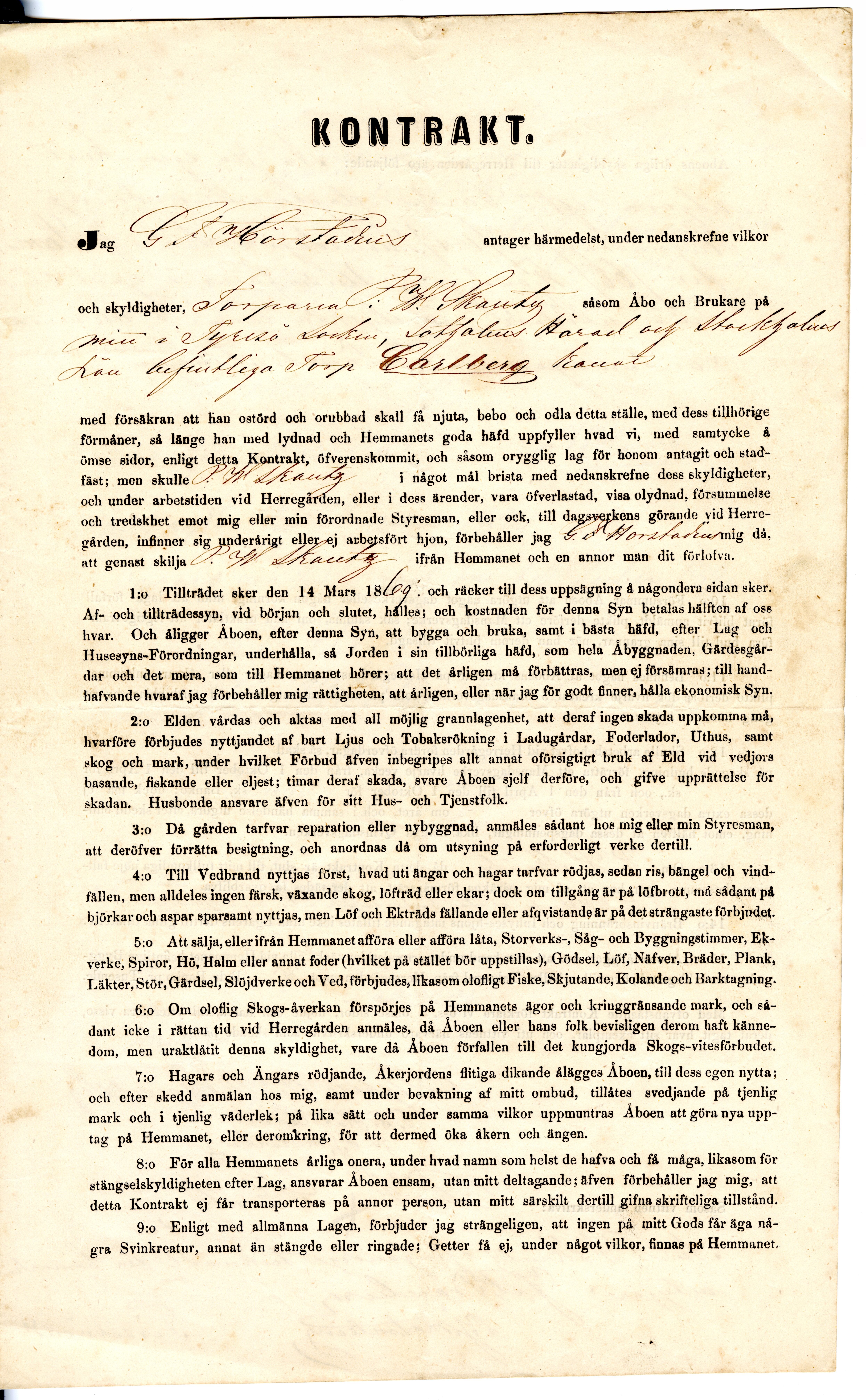 Ett tryckt kontrakt med viss fält ifyllda för hand, t.ex. datum och personer.