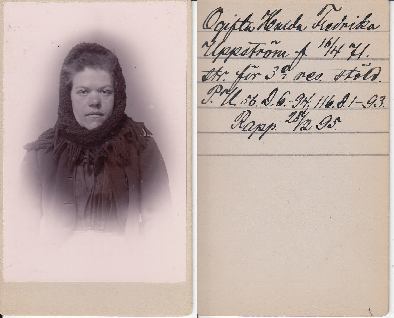 Ett uppslag ur en bok visar en svartvit bild av en flicka i huckle på ena sidan och texten Ogifta Hulda Fredrika Uppstörm f 16/4 71. Str. för 3 öres stöld. P.U. 56.D.6.-94.116.D.1-93. Rapp. 28/2 95.