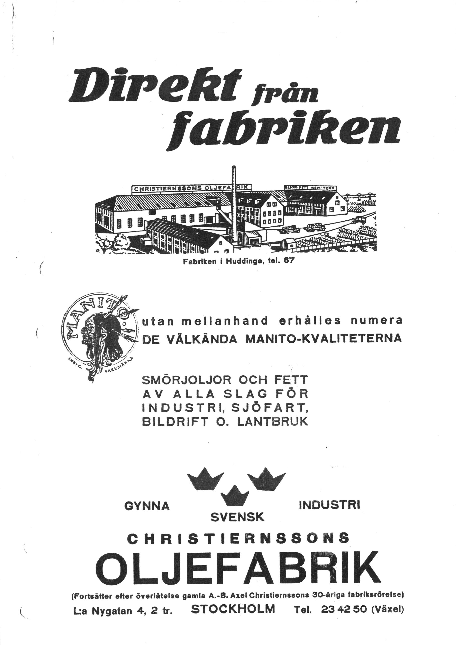 Reklamblad med teckning av fabriken.