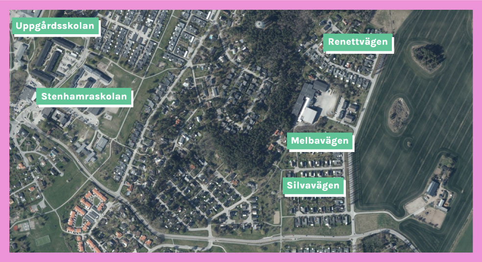 KArta som visar skolor och utvalda vägar i Stockby