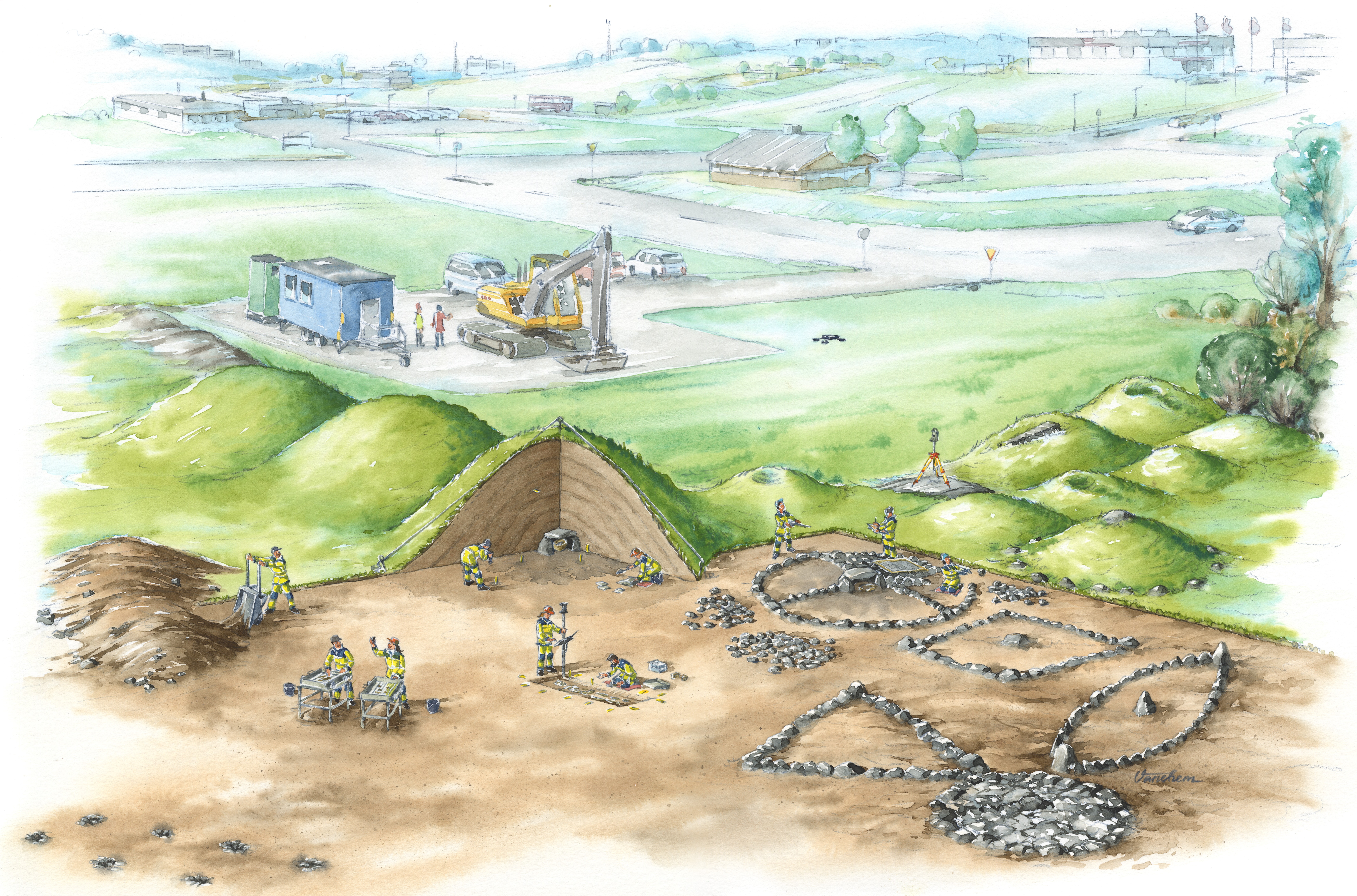 en illustration i färg där arkeologer gräver. I mitten syns en grävmaskin, en gravhög i genomskärning och ett modernts stadslandskap.