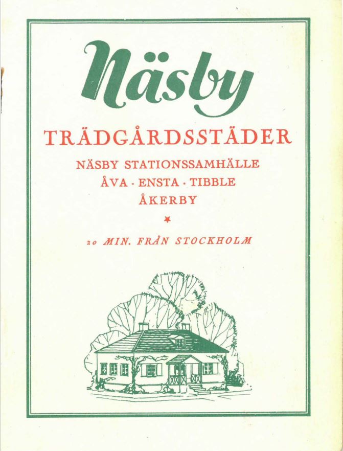 Ett färgtryck i grönt och rött med bild på ett enplanshus med valmat tak.