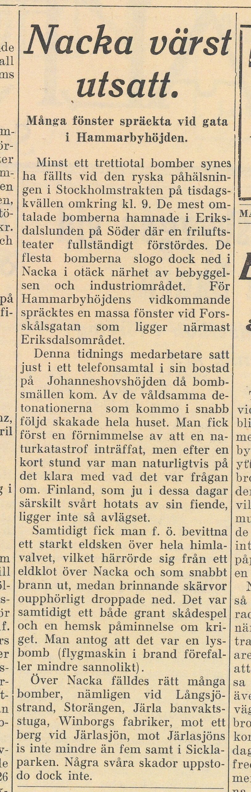 Tidningsartikel i en spalt. ”Nacka värst utsatt” - om bomberna som föll över södra Stockholm och Nacka 23 feb 1944.