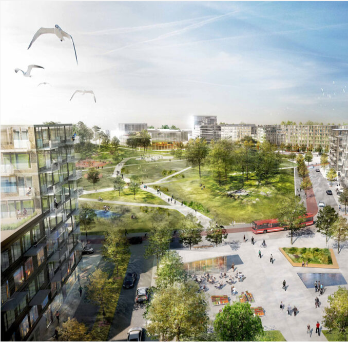 3-D visionsbild. Område med bostäder och grönska.