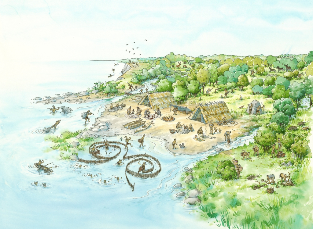 Ett tecknat panorama över en stenåldersboplats vid vattnet.